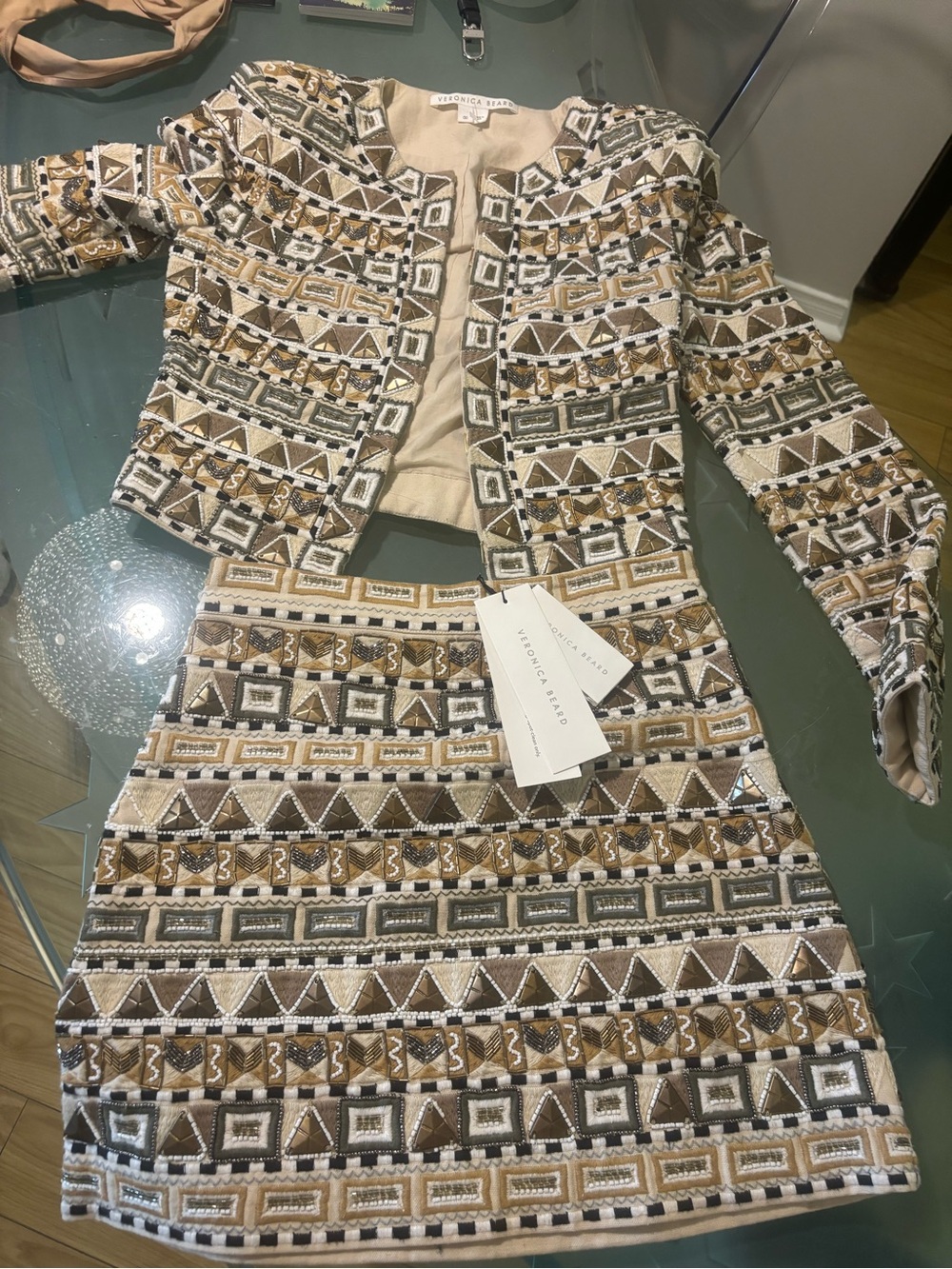 Veronica Beard Beaded Geometric Mini Dress Set in White, Gold & Brown jacket